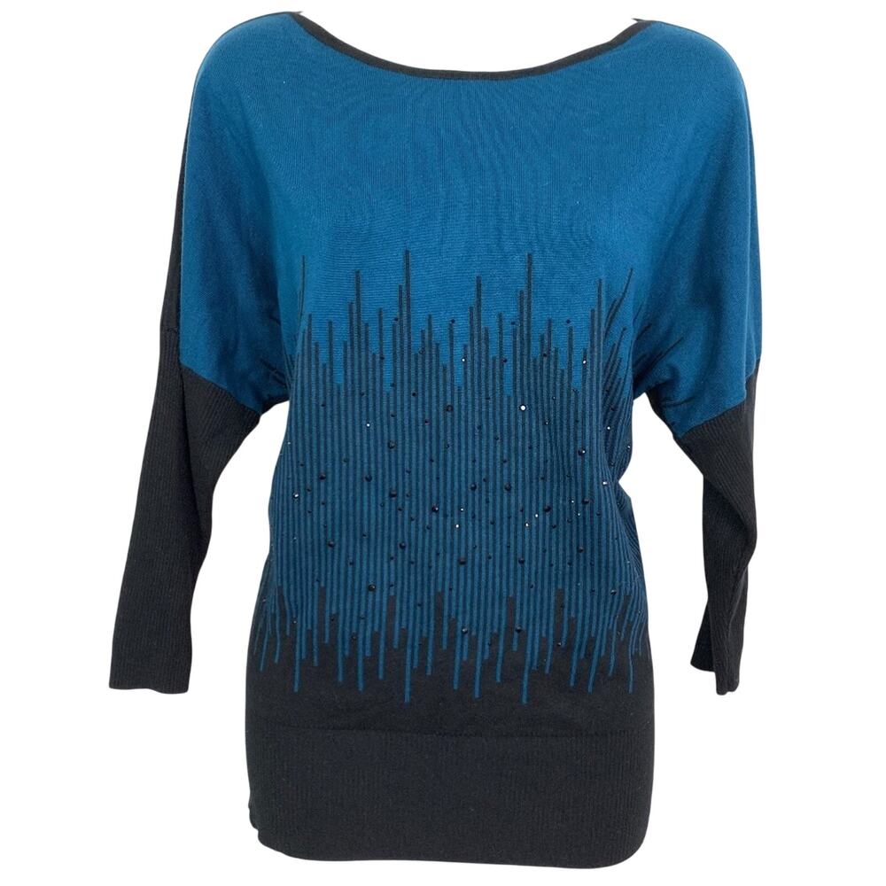 ALFANI Teal Black Beaded Dolman Sleeve Sweater  S